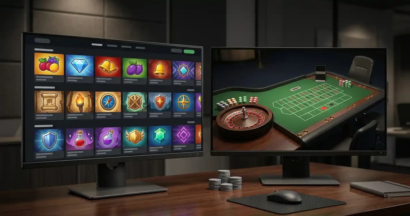 Abstract slot tiles and a live table scene displayed across two screens