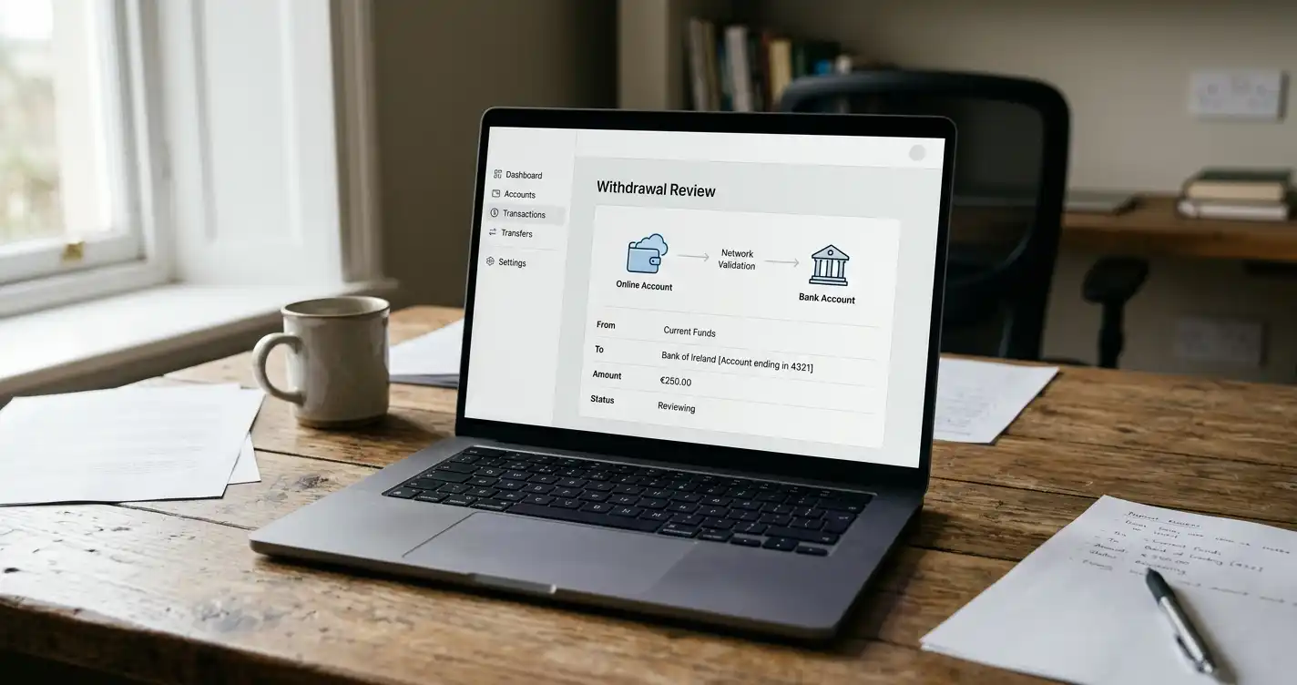 Adult reviewing a withdrawal route from an online account to a bank account on a laptop
